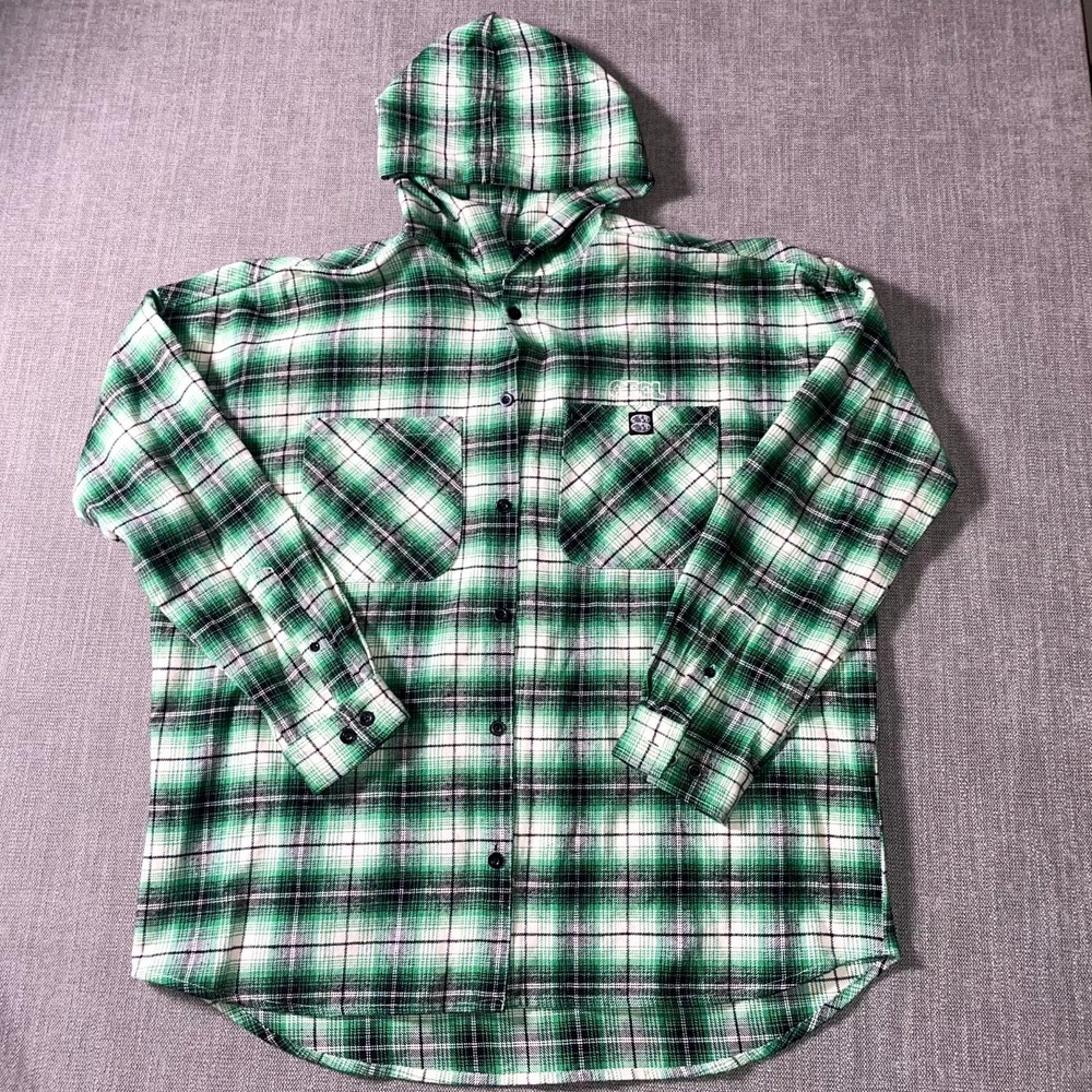 Man Skate Shirt Mens Large Multicolor Flannel Plaid Button Up Hooded Workwear